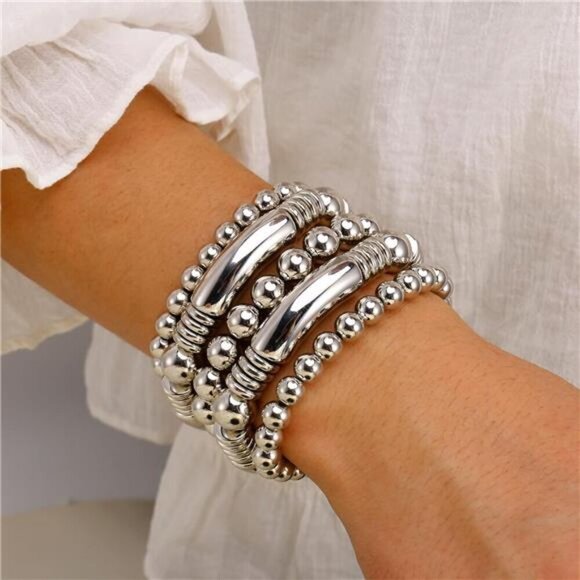 5 Silver Bangles Bracelet for Women Chunky Curved Stacking Beads Bangle type - Picture 4 of 5